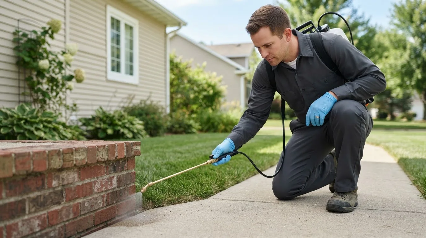 Pest control technician treating a home near Morrison, IA