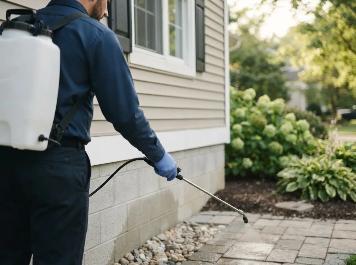 Pest control technician inspecting a home in Morrison, IA